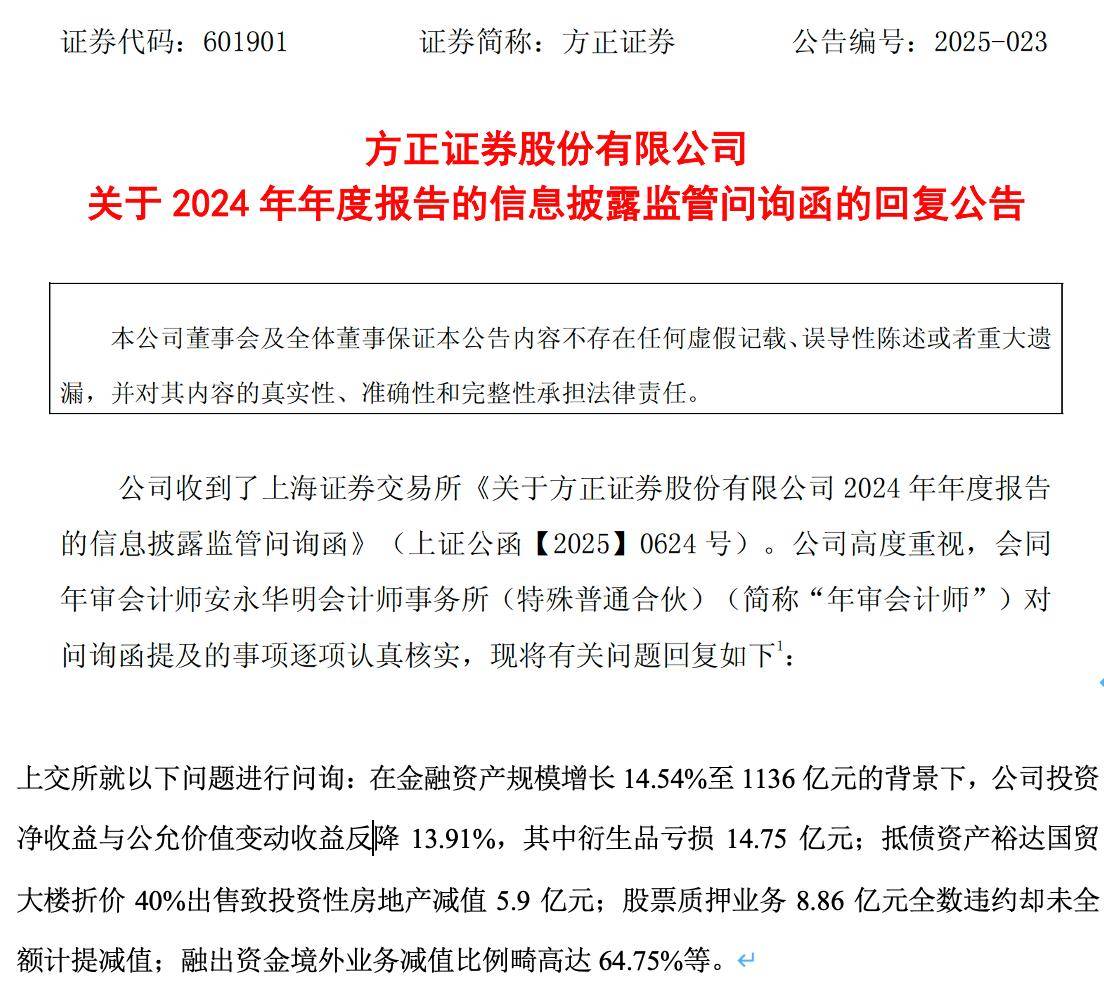 方正证券回复上交所五点监管年报问询，事关早期抵债房产及股权质押等业务