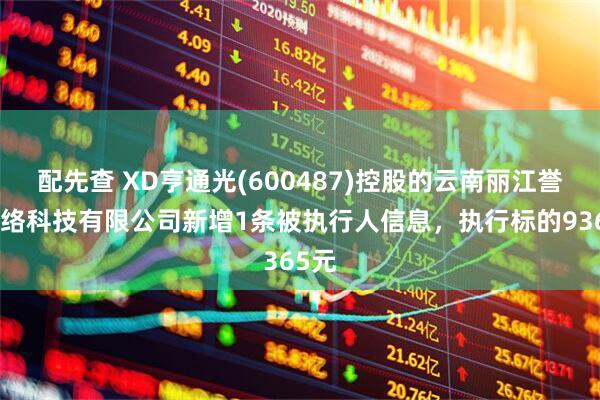 配先查 XD亨通光(600487)控股的云南丽江誉联网络科技有限公司新增1条被执行人信息，执行标的9365元